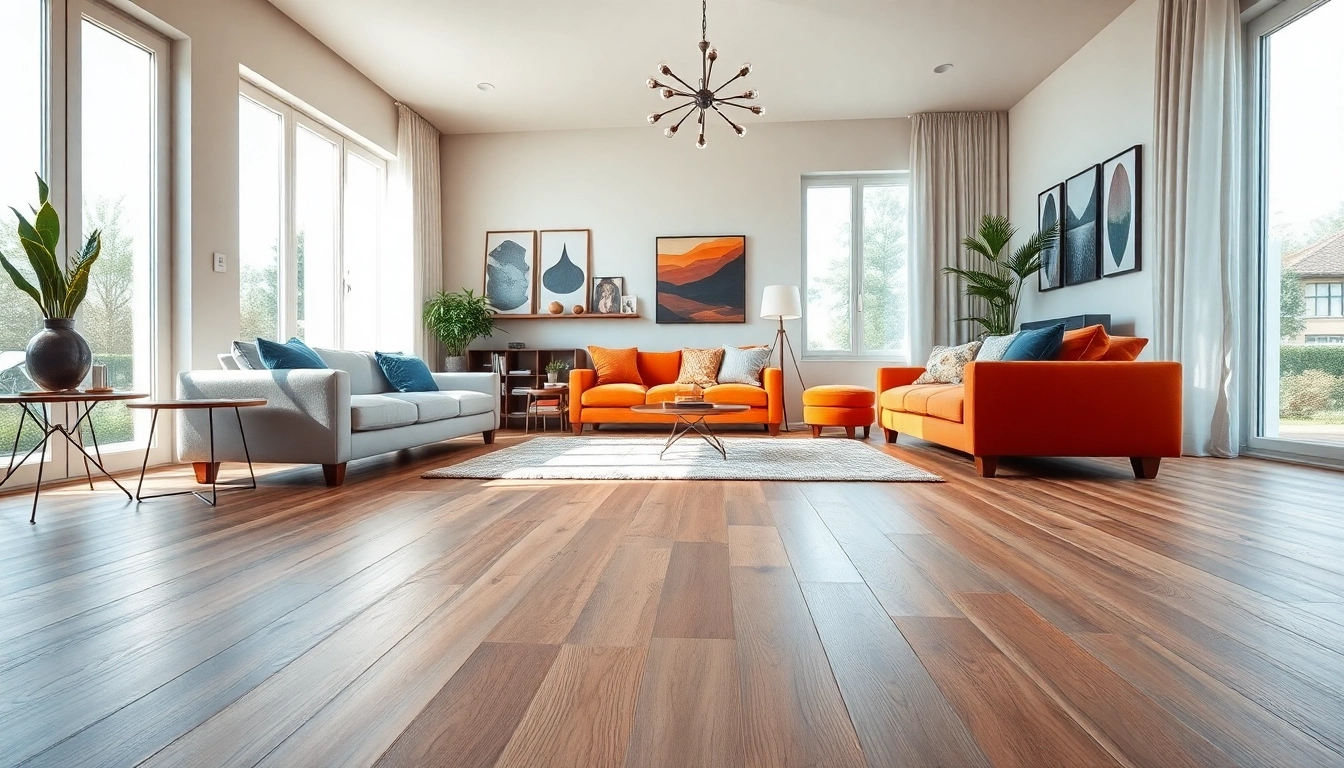 Showcase of waterproof vinyl flooring in a modern living room with warm decor and natural light.