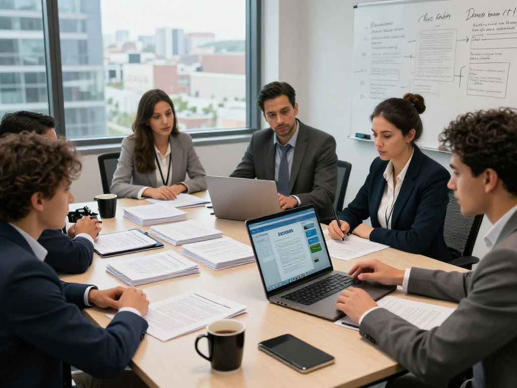 Team collaborating on document fraud detection strategies in a modern office environment.