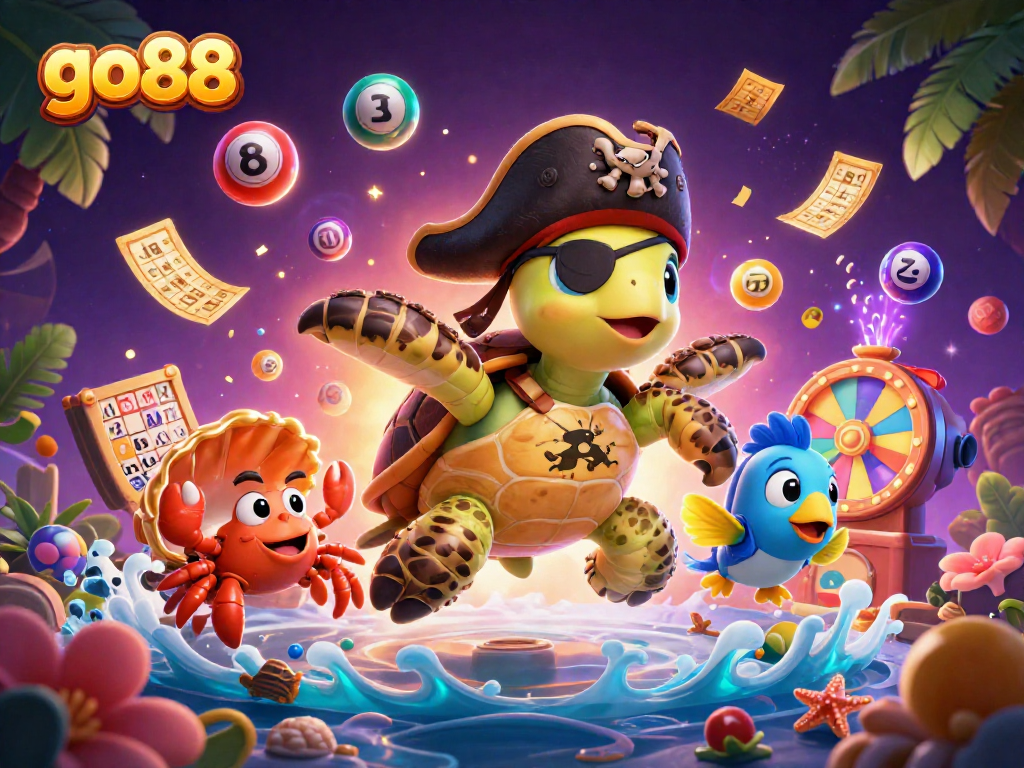 Experience thrilling action at go 88 with cartoon pirate turtle and games in a vibrant casino illustration.