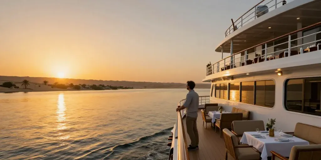 Luxurious Lake Nasser Cruise experience with traveler at sunset.