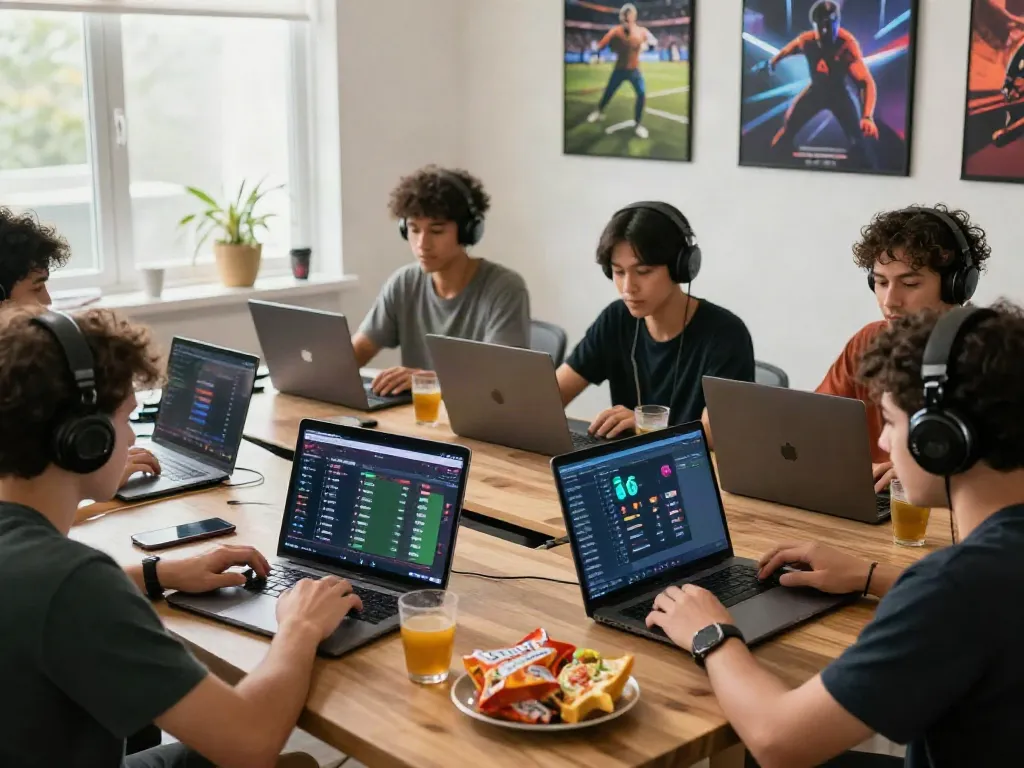 Engaging scene depicting players interacting with the DEBET online gaming platform, showcasing excitement and social interaction.