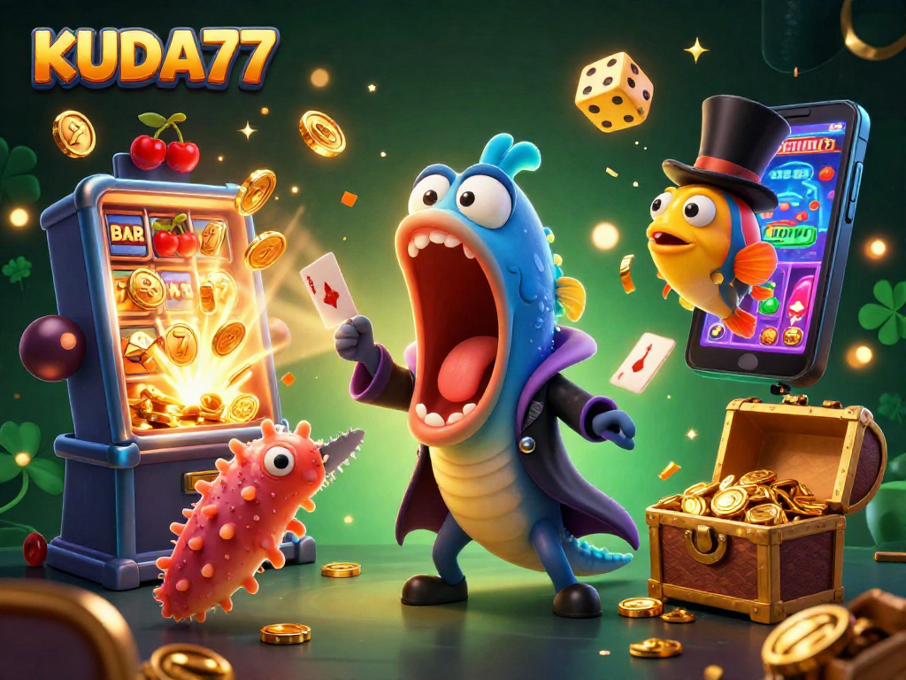 KuDA77 menampilkan aksi seru dengan ikan guppy bioluminescent dan mesin slot yang meledak dengan koin.