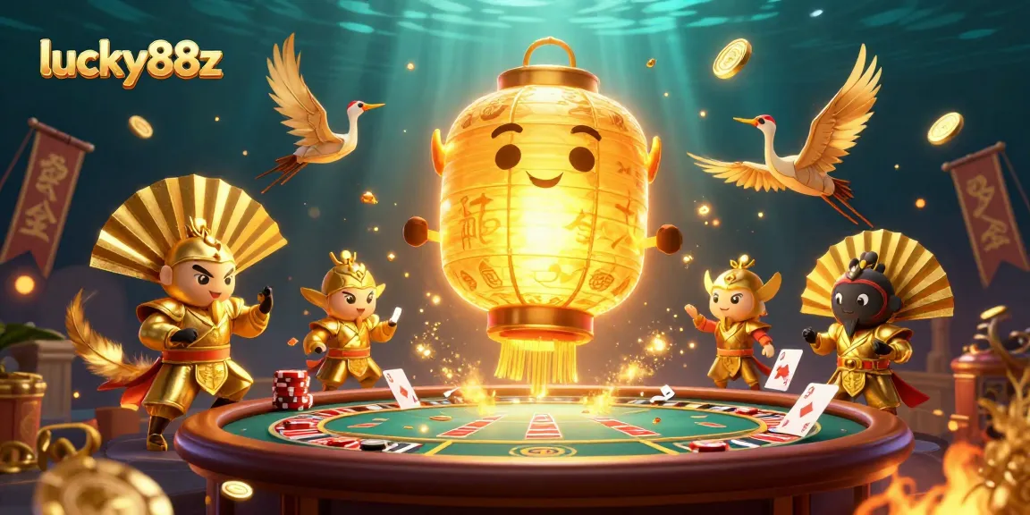 Engage with lucky88z at a vibrant live casino scene featuring golden lantern spirit and paper fan warriors.