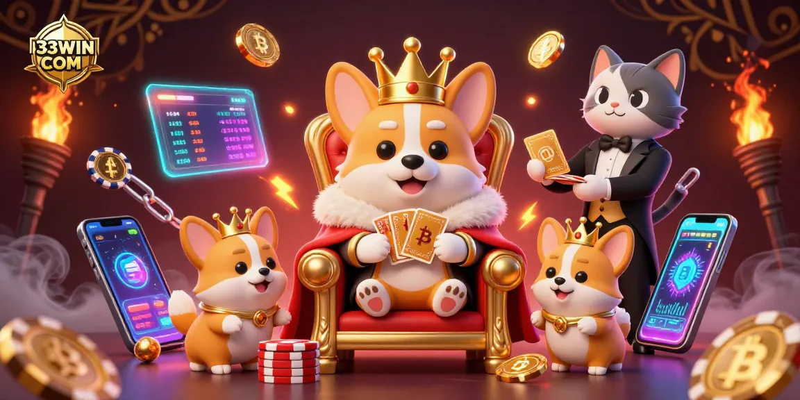 Engaging 3D scene of the royal corgi and butler presenting cards at 33WIN COM casino, showcasing crypto elements.