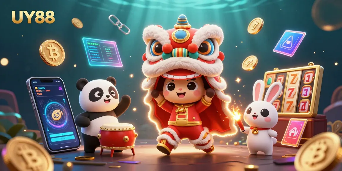 Experience the UY88 excitement with vibrant characters and casino elements in a lively 3D illustration.