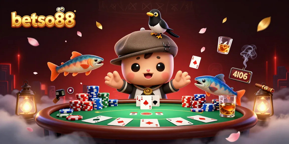 Engage with betso88's vibrant casino experience featuring Nessie surrounded by poker and festive decorations.