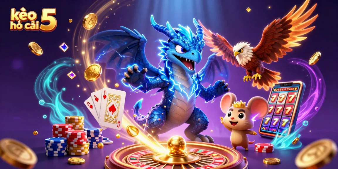 Engage with kèo nhà cái 5 in this vibrant scene featuring a thunder dragon, bonuses, and exciting casino elements.