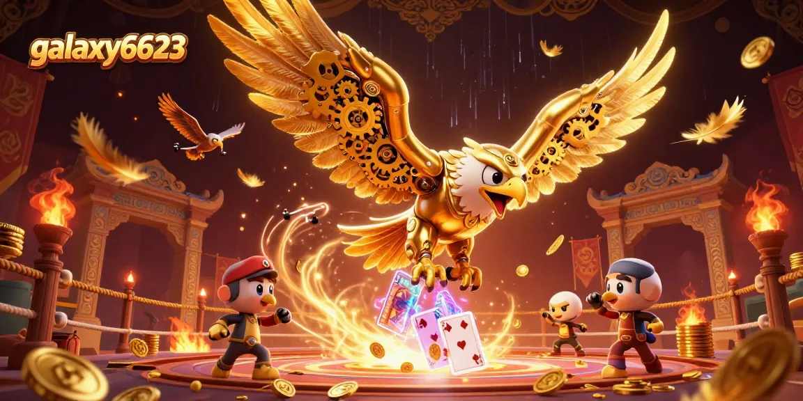 Experience thrilling gameplay at galaxy6623 with a dynamic illustration of a cybernetic eagle soaring through holographic cards.