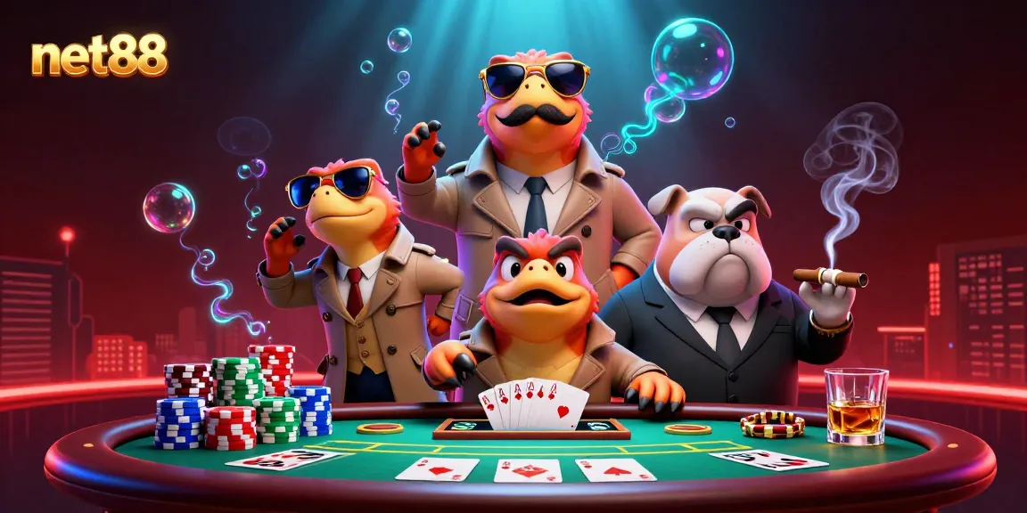 net88 showcases three raptors disguised in a trench coat at a lively poker scene in the casino.