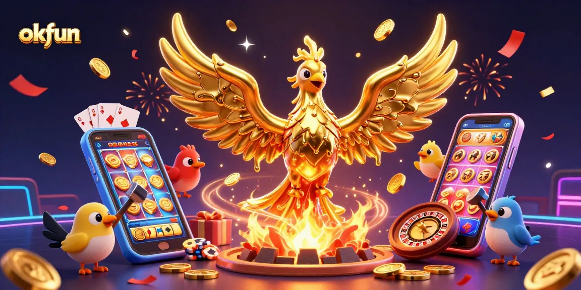 Experience thrilling gameplay at okfun with captivating 3D illustration featuring golden phoenix and dynamic casino elements.