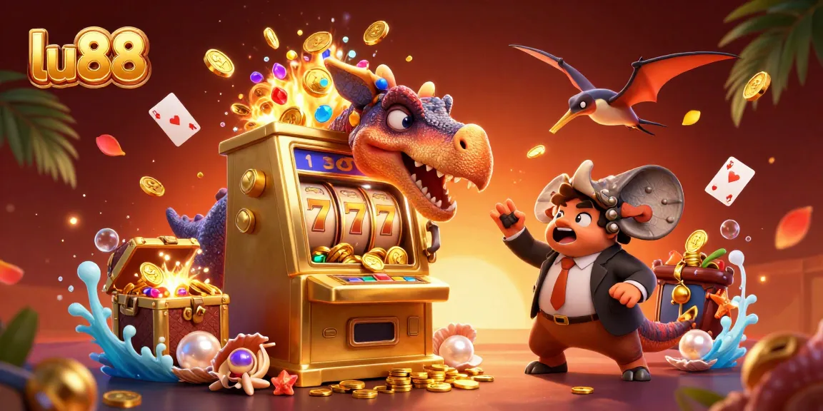 Experience thrilling wins at lu88 as dinosaurs interact with a golden slot machine, catching coins in a vibrant casino scene.