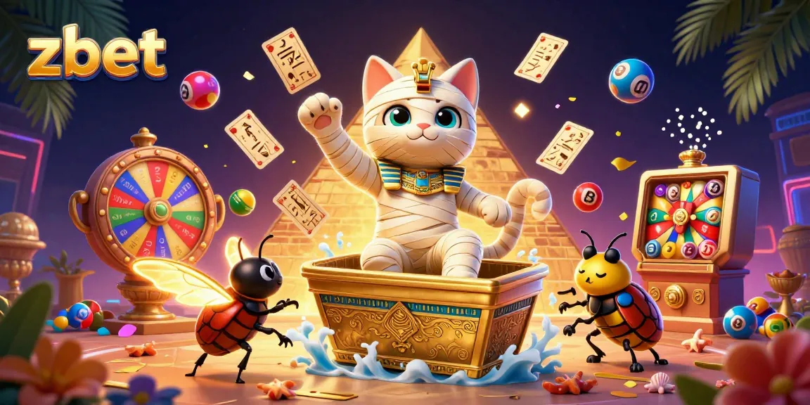 Zbet offers dynamic gaming excitement with a lively casino scene featuring an Egyptian mummy cat and vibrant lottery elements.