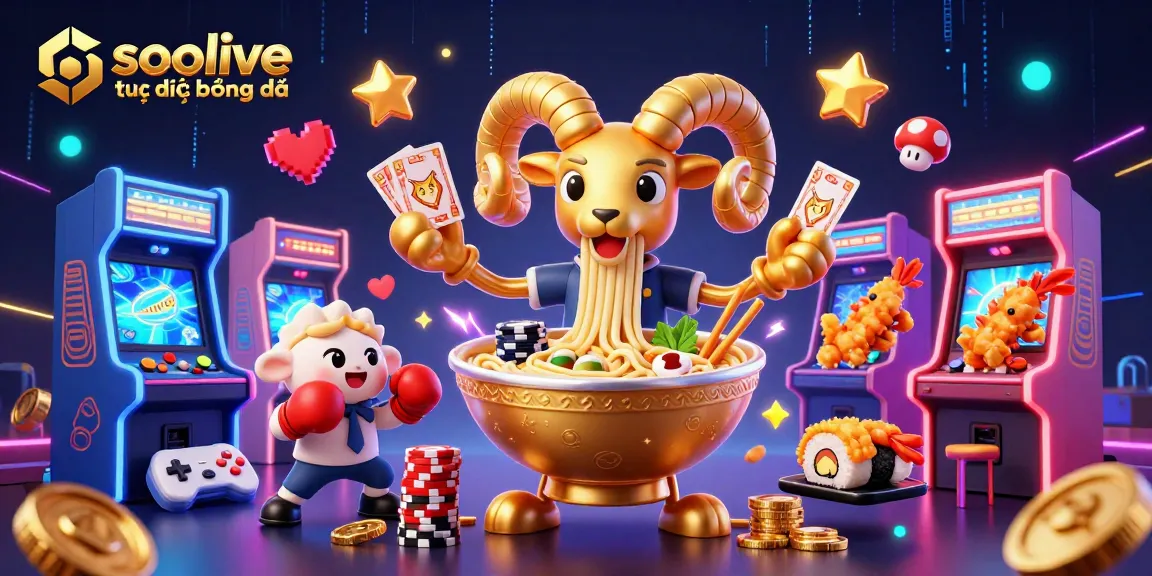 Socolive trực tiếp bóng đá featuring a vibrant scene with a golden ramen bowl character and dynamic game elements