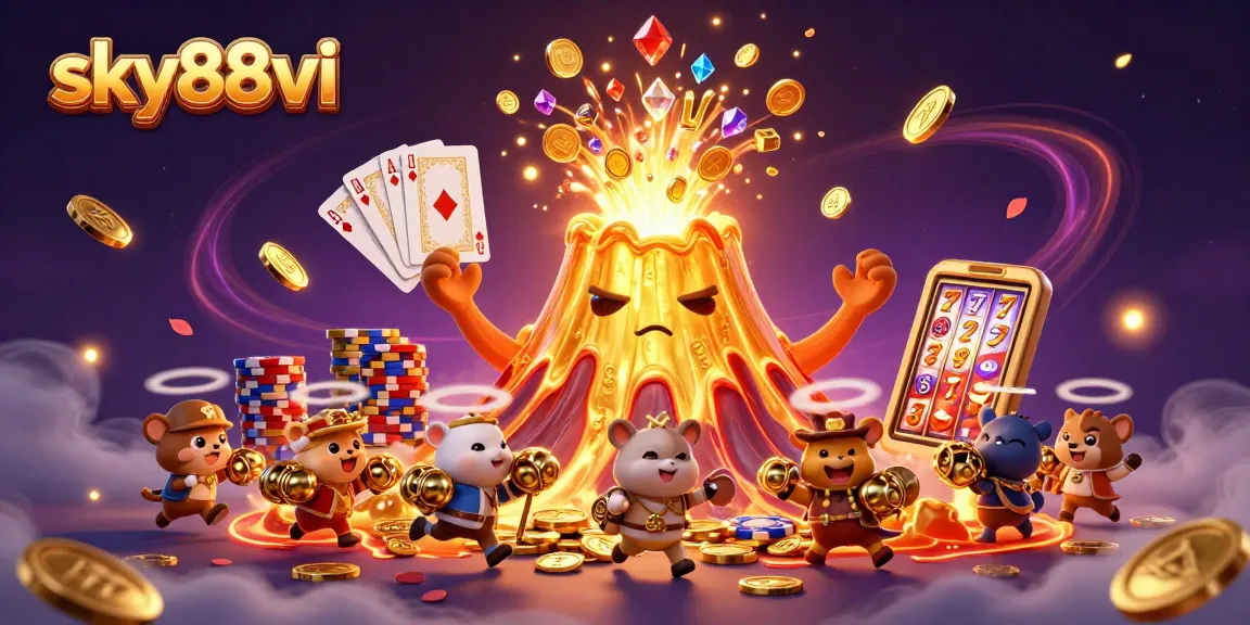 Engage with sky88vi's thrilling casino adventure featuring a golden volcano erupting coins and treasures.