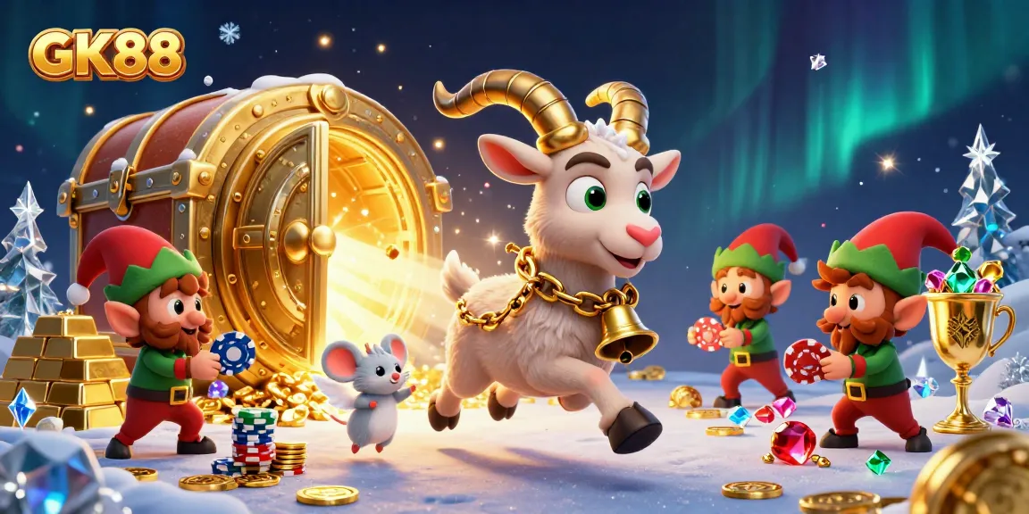 GK88 casino scene with Krampus goat and mischievous gremlins stealing chips in festive chaos.