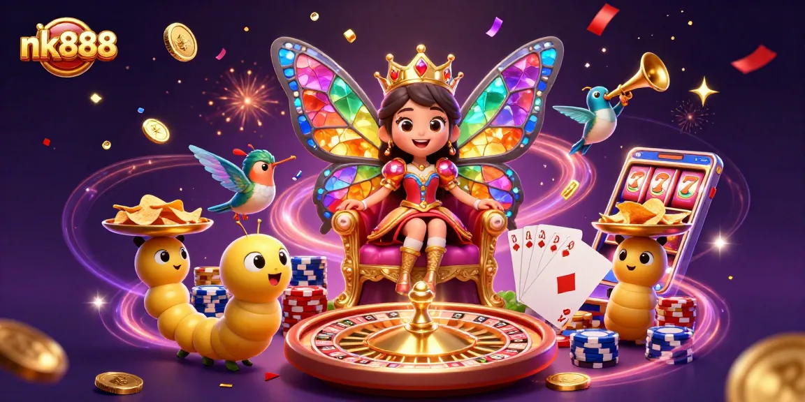 Experience thrilling moments at nk888 with a vibrant scene of a butterfly queen and casino excitement.