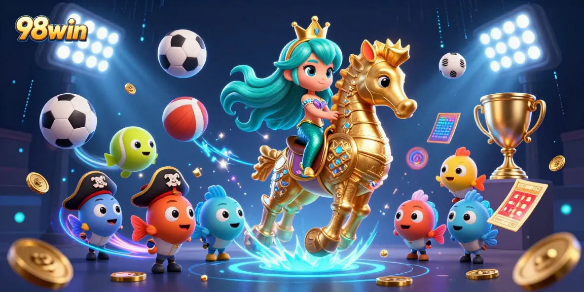 Experience thrilling wins at 98win, featuring vibrant characters and dynamic sports betting elements.