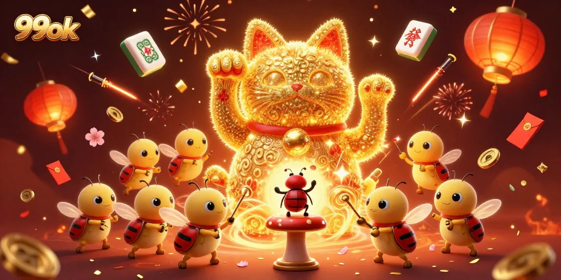 Experience the vibrant 99ok casino world with lucky cat and glowing symbols.