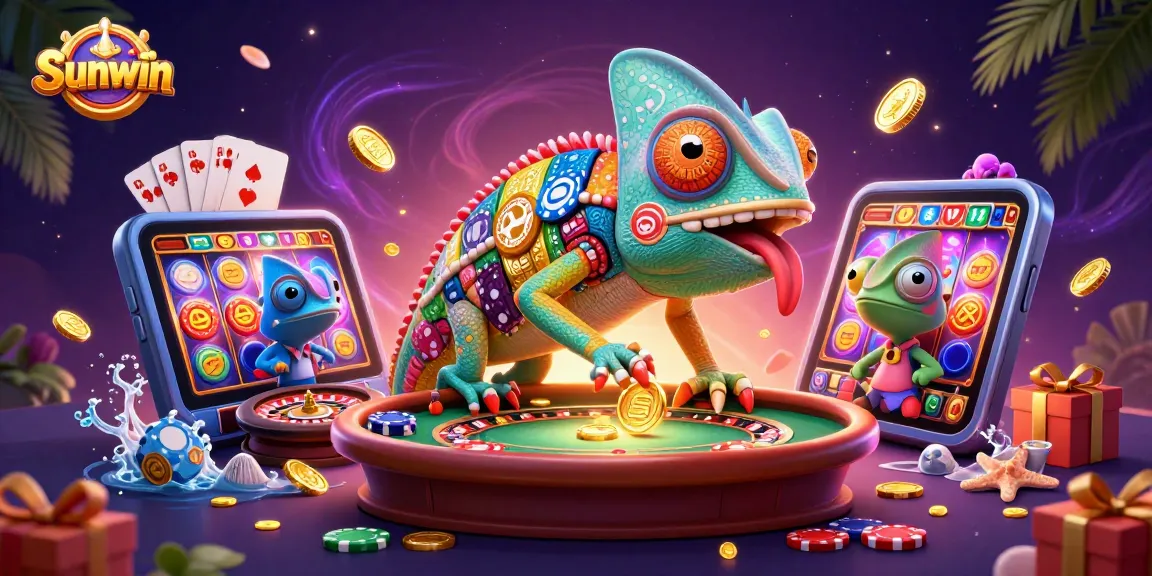 Experience the excitement of Sunwin with colorful slot games and golden coins erupting in a vibrant casino scene.