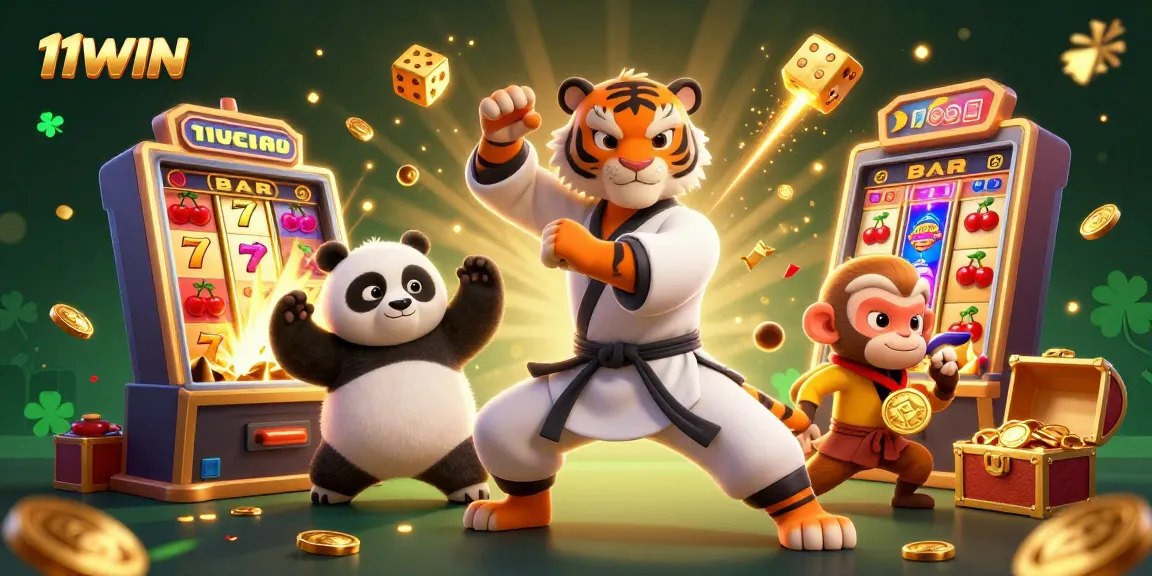 Engage with thrilling entertainment at 11WIN as the kung fu tiger and panda pose near a jackpot machine.