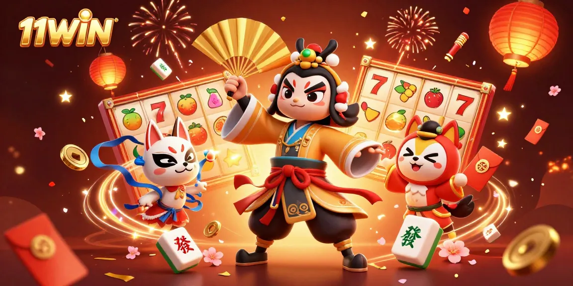 Engage in vibrant gaming at 11WIN with a lively slot scene featuring traditional characters.