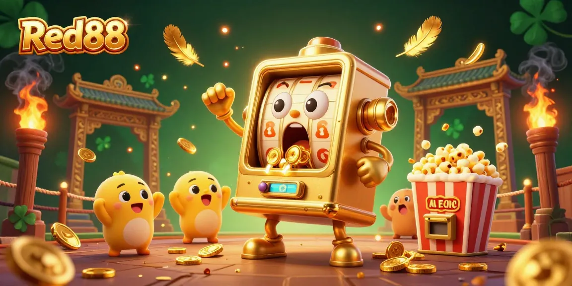 Red88 slot machine surprises with a jackpot amid coins and cheering machines in vibrant casino chaos.