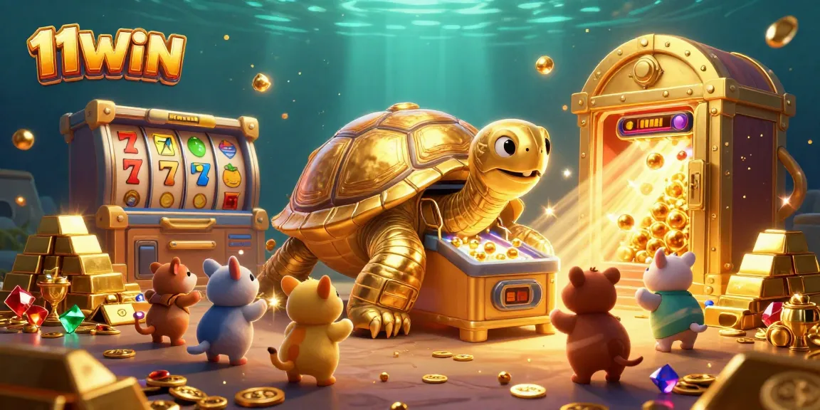 Experience the thrilling excitement of 11WIN's vibrant slot games with a colossal golden tortoise and dazzling treasures.