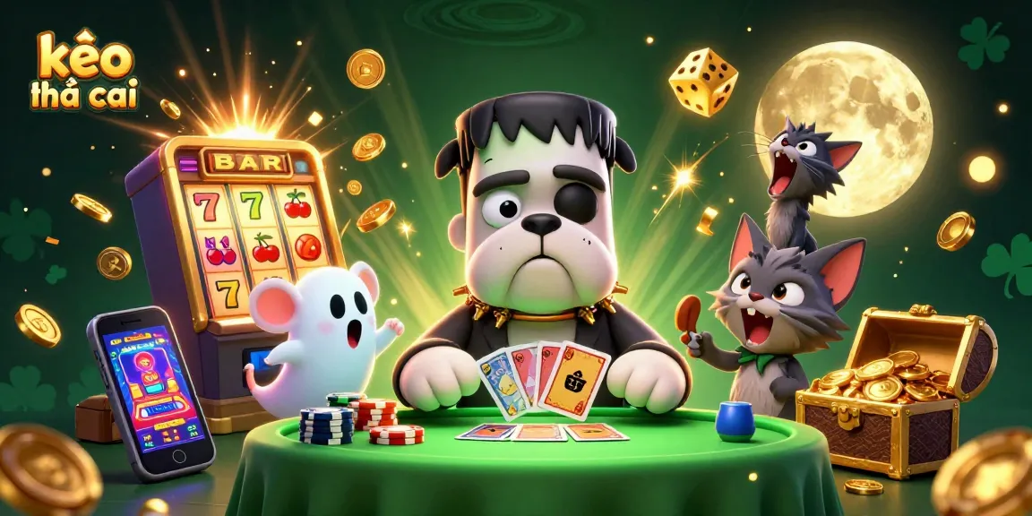 Engage in kèo nhà cái with a lively casino scene showcasing a Frankenstein bulldog dealing cards and festive elements.