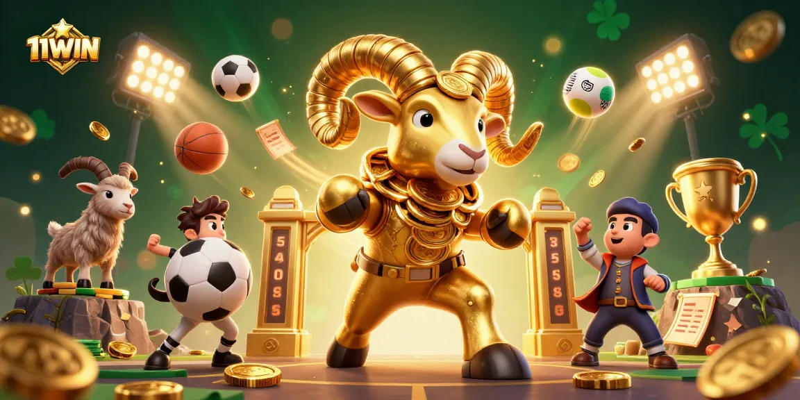 Experience winning thrills with 11WIN featuring a golden ram charging at a gate among vibrant sports elements.