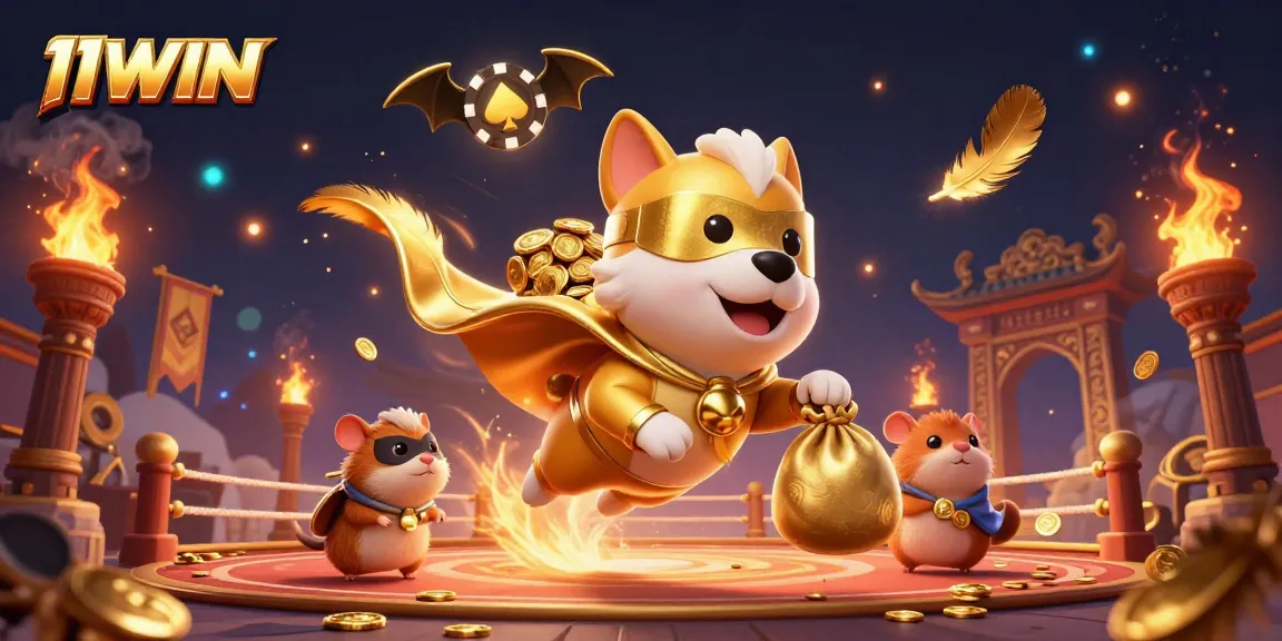 Experience the thrill of 11WIN with a superhero dog and hamster amidst gold coins and vibrant casino elements.