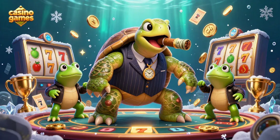 Delve into casino games with a lively scene featuring a snapping turtle in a mobster suit alongside bullfrog enforcers, surrounded by vibrant game elements.