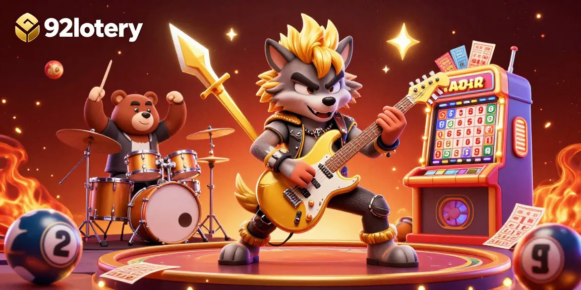 92lottery showcasing an energetic scene with a rock star wolf and drummer bear in a vibrant lottery setting.