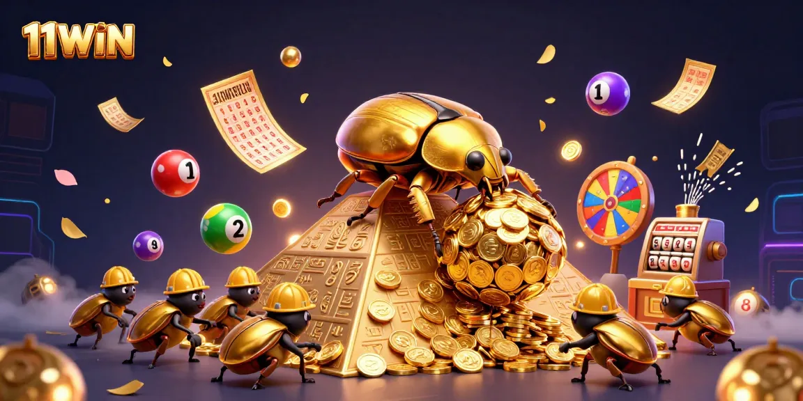 11WIN excitement captured in a vibrant 3D scene with lottery elements and golden beetles.