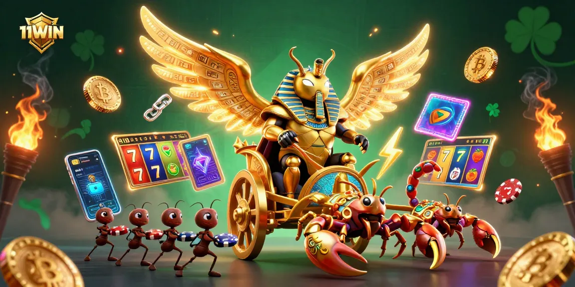 Experience thrilling gameplay with 11WIN's vibrant casino scene featuring golden scarab and scorpions.