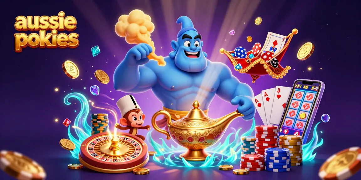 Aussie online pokies experience with a vibrant genie, monkey, and magic carpet surrounded by casino elements.